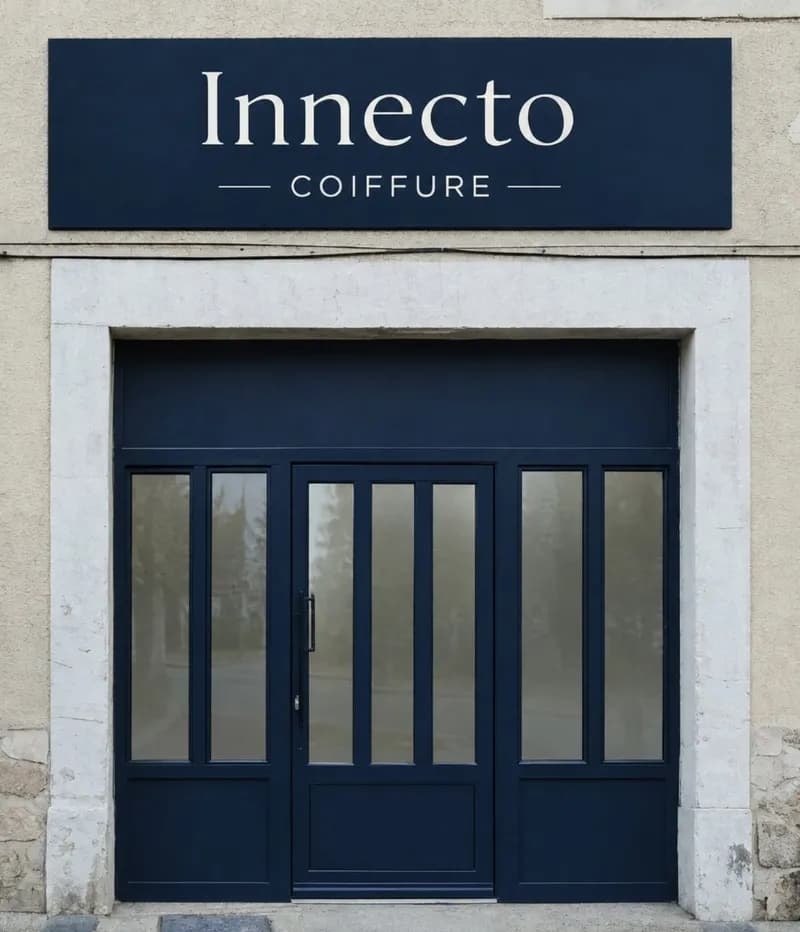 Visuel d'annonce du déménagement : une devanture bleu nuit sous l'enseigne Innecto Coiffure (image signalée « Contenu IA » par Instagram)