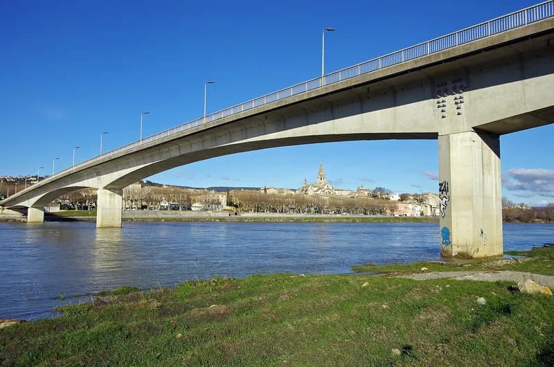 Le Rhône à Bourg-Saint-Andéol : le pont routier au premier plan, les quais plantés d'arbres et le clocher de l'église au loin